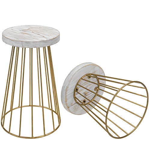 Mygift Vintage Brass Tone Metal & Shabby Whitewashed Wood Pedestal Display Riser Stands, Set Of 2 #TOP4