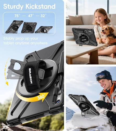 Image of BRAECN Case for Samsung Galaxy Tab S10 Lite / S10 FE / S9 FE 5G / S9 / S8 / S7 | 10.9 /11 inch Shockproof Heavy Duty Full Body Protective Cover with Hand Strap & Kickstand, Shoulder Strap, S Pen Holder Black
