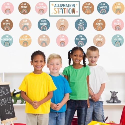 Image of BOHO Affirmation Station Bulletin Board Set Rainbow Positive Bulletin Board for Classroom Mirror Growth Mindset Decoration Inspirational Motivational Accent Cutouts for Home School Teacher Wall Supply