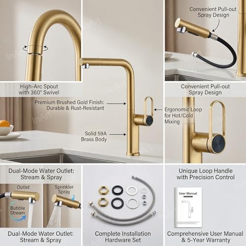 Image of INART Matt Gold Kitchen Faucet - Brass Pull Out Sink Mixer Tap with Dual Flow Sprayer, 360 Swivel Spout & Hot Cold Water Control
