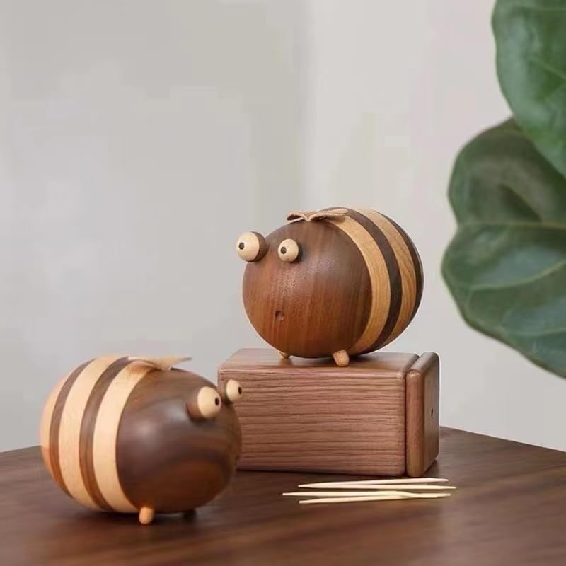 Bee Toothpick Holder, Creative Handmade Wooden Bee-Shaped Toothpick Container for Kitchen & Dining Table, Unique Cute Walnut Beech Home Decor, Gift Idea