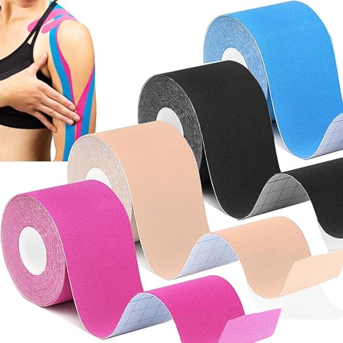 Vurtboly 4 Rolls Kinesiology Tape Waterproof Breathable Regular Original Cotton Athletic Tape Uncut Kinetic Sports Tape Elastic Muscle Tape Pain Relief Knee Tape for Exercise 2 inch x 16.4 Feet