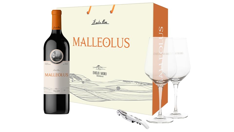 Emilio Moro - Estuche Regalo Malleolus - Incluye: Vino Tinto Malleolus de 75 cl, 2 Copas de Vino Grabadas y 1 Sacacorchos