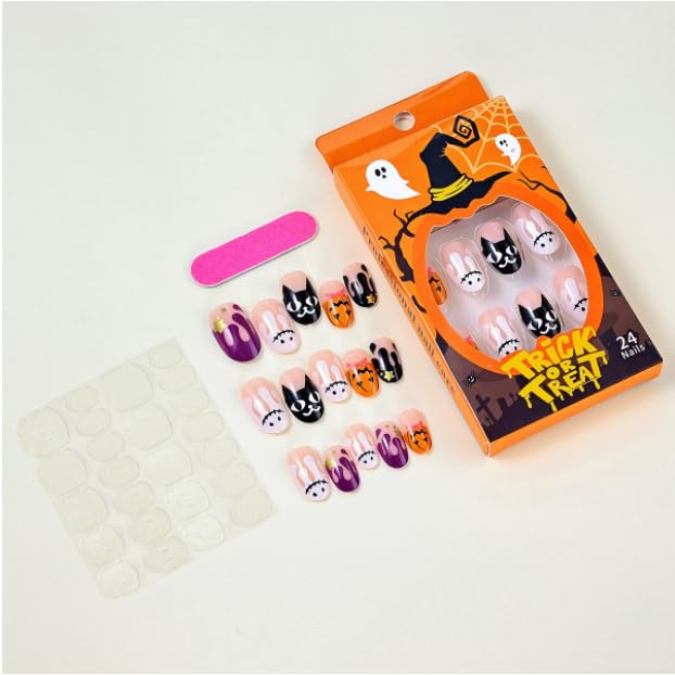 Halloween nails Press on Nails Fake Nails Tips Full Cover Medium False Gradient Nails for Women and Girls 24PCS (Halloween, Middle nail)