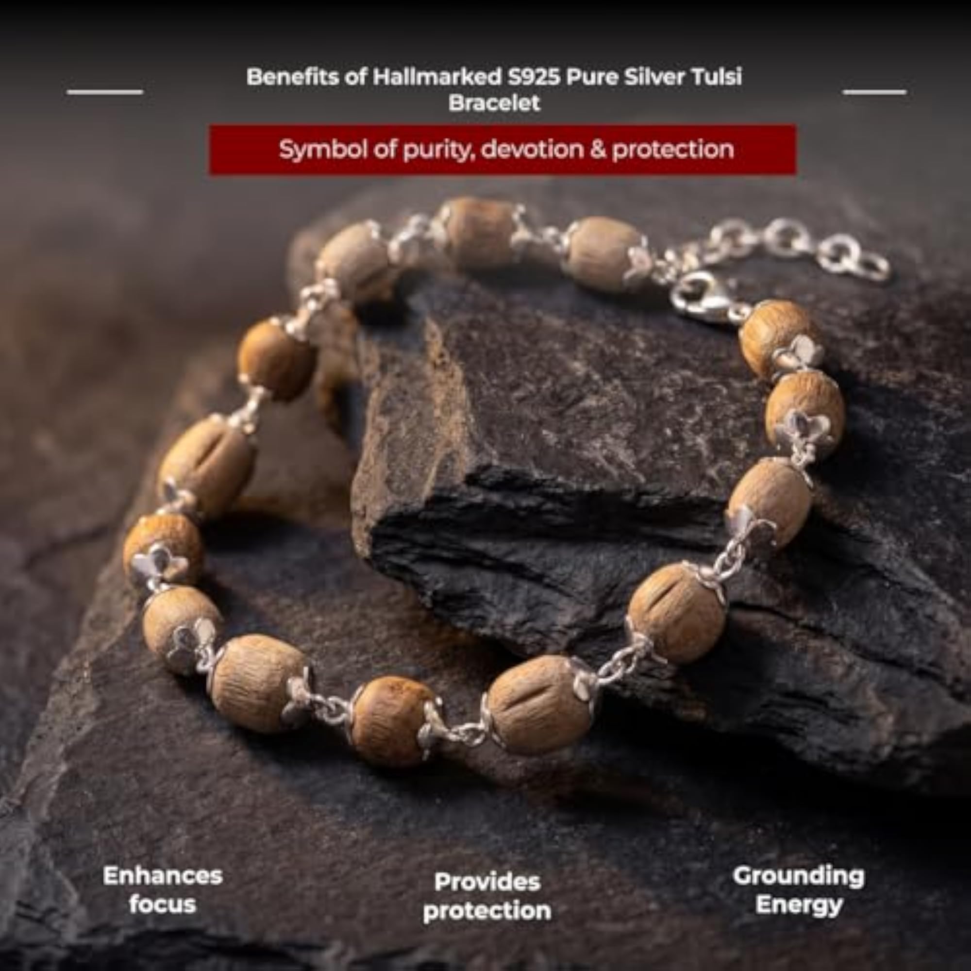 925 Pure Silver Tulsi Wood Bead Bracelet, Unisex