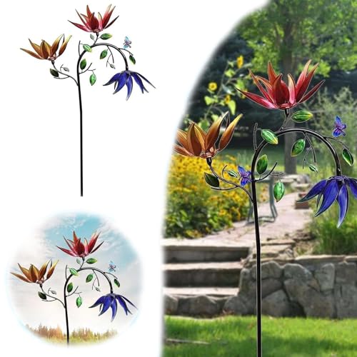 Large Wind Spinners Outdoor, Three Spinning Flowers and Butterflies Windmill Sculpture Metal Stake Yard Art Decor for Patio, Lawn, Garden