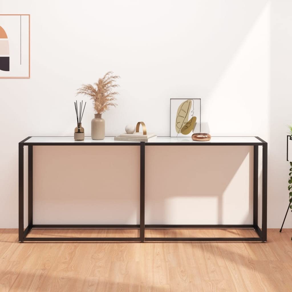 Stolik konsolowy biały o wyglądzie marmuru 180 x 35 x 75,5 cm, stolik kawowy ze szkła hartowanego do salonu, przedpokoju i wejścia, stabilny stolik nocny