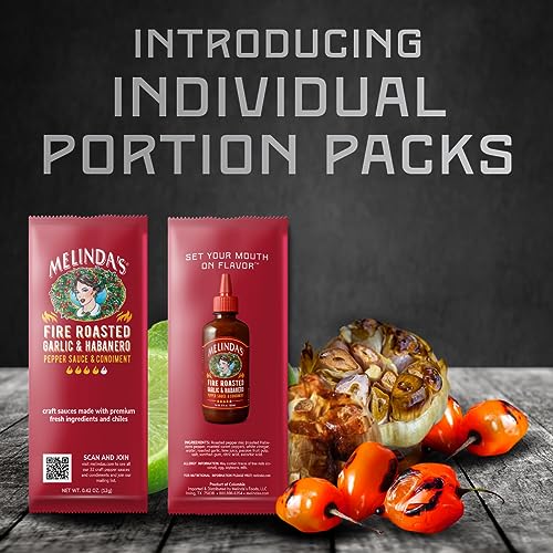 Image of Melinda's Fire Roasted Garlic & Habanero Hot Sauce Packets - 200 Count (.42 Oz Each) - Hot Sauce Packets Single Serve for Travel, Party, Business - Convenient Individual Condiment Packets in 8 Flavors