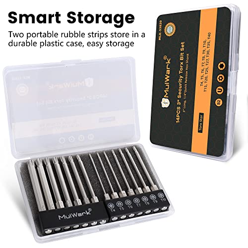 Image of MulWark 14PC Security Torx Bit Set 3 inch Long Tamper Proof Star Screwdriver Bit Set 1 /4 inch Hex Shank S2 Steel T4 - T40 Magnetic Impact Driver Drill Bits
