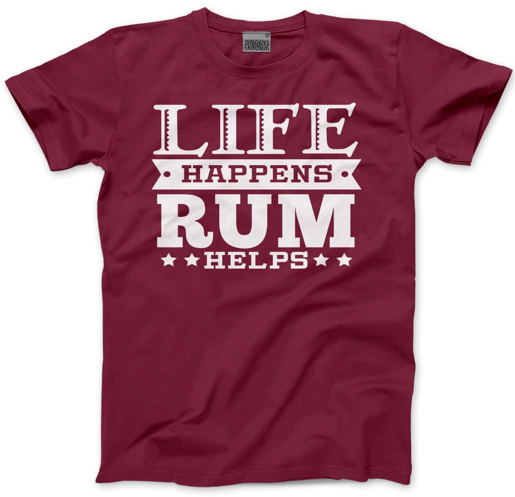 Hotscamp Men's Maroon Life Happens Rum Helps Unisex T-Shirt - Funny Drink Rum Drinker Rum Lover Bottle Glass - M