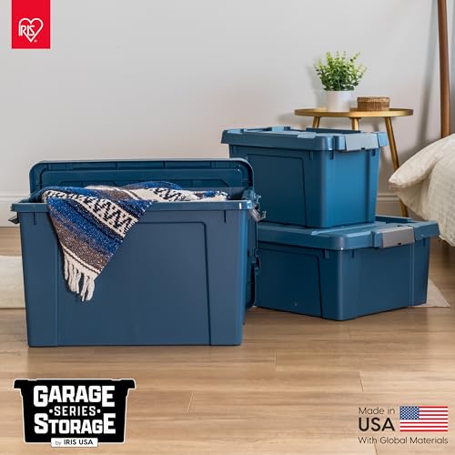 Image of IRIS USA 12 Gallon Eco-Friendly Lockable Storage Bins with Lids, 4 Pack - Made in USA, Heavy Duty, Stackable Containers, Garage Organizing Bins Moving Tubs, Rugged Sturdy Equipment Utility Box - Navy