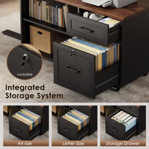 Image of OffiGo 71 inch L Shaped Electric Standing Desk with Cabinet Sets, Walnut /Black
