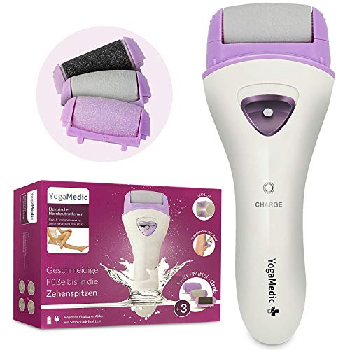 YogaMedic Hornhautentferner Elektrisch, 1 Std. Laufzeit, 2 Ersatzrollen + 2 Fußpflegemasken und Netzteil, einstellbare Geschwindigkeit, LED Lampe, 600mAh