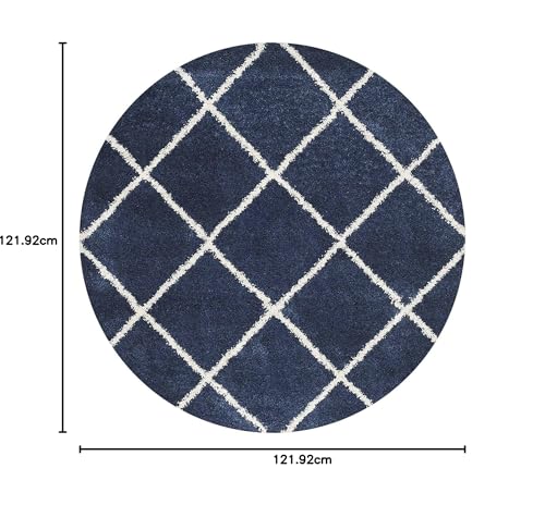Image of Handmade Round Shaggy Fur Carpet and Rug for Bedroom, Living Room, Hall, Kids Room (4x4 Feet Round, Navy Blue & Ivory)