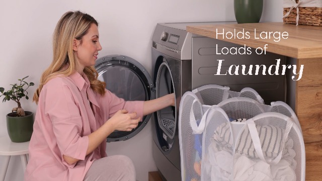 2 Pop-Up Mesh Laundry Baskets – Collapsible Hamper In Pink & Yellow, Perfect For Travel