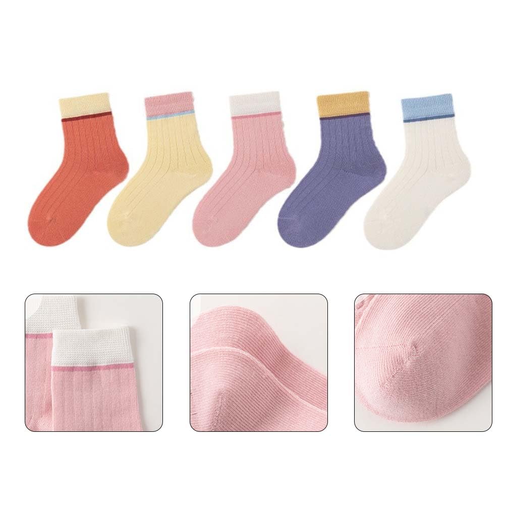 ILUFAM 5 Pairs Toddler Kids Crew Socks Boys Girls Two-Tone Casual Cotton Socks (US, Age, 1 Year, 3 Years, Girls)