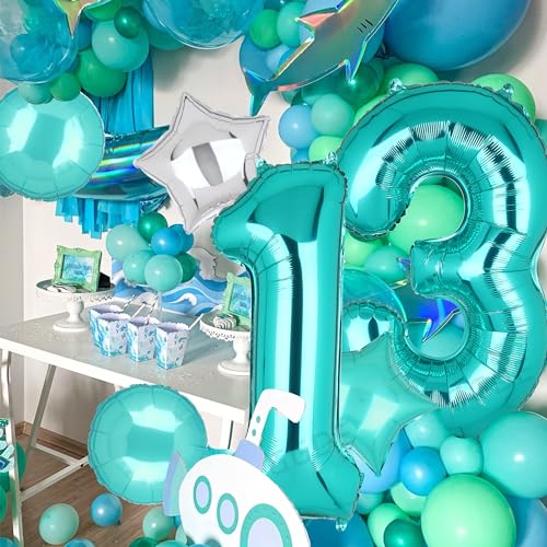 Image of Teal Blue Number 13 Balloons 40 Inch 13th Birthday Mermaid Theme 5 Pcs | Big Helium Mylar Digital Balloon Anniversary Wedding Party Decor Supplies