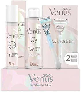 Gillette Venus For Pubic Hair And Skin Womens Shaving Kit, 1 Venus Handle, 2 Razor Blade Refills, 2 in 1 Cleanser And Shave Gel For Women 190mL, Daily Soothing Serum For Intimate Grooming 50mL