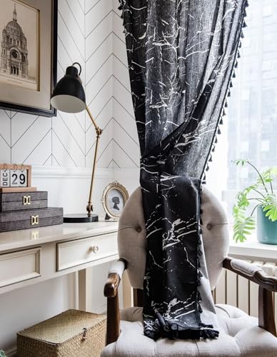 Rideaux opaques d'exception en coton lourd marbre noir 150x160cm style chic avec franges - 4