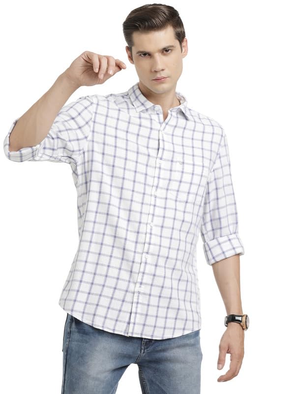 Image of Turtle Men 100% Cotton Slim Fit White Check Casual Shirt