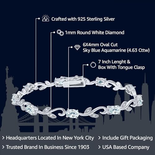Gem Stone King 4.63 Cttw Oval Sky Blue Aquamarine and Diamond Greek Vine Tennis Bracelet For Women In 925 Sterling Silver | Gemstone Birthstone | Oval 6X4MM | 7 Inch2