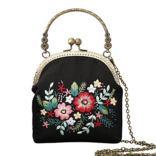 Image of Gogobear Embroidery Coin Purse Kits for Beginners with All Supplies | with All Supplies, For Adult Beginners, Flower Pattern, Friend Gifts, Retro Vintage Style