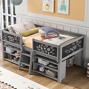 Harper & Bright Designs Kids Low Loft Bed with 2 Movable Storage Shelves, Twin Loft Bed Frame with Chalkboard and Ladder, Multifunctional Loft Bed for Kids Boys&Girls No Box Spring Needed (Gray) Harper Bright Designs Kids Low Loft Bed with 2 Movable Storage Shelves Twin Loft Bed Frame with Chalkboard and Ladder Multifunctional Loft Bed for Kids BoysGirls No Box Spring Needed Gray