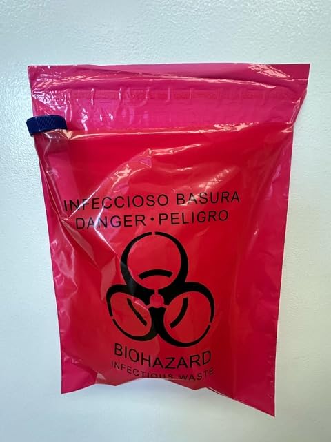 Red Biohazard Specimen Bag 11x15 inches 500 pcs stick on Biohazard infectious waste trash bags blood bag vomit bag for Hospitals, Clinics and Tattoo Parlors by Sponix
