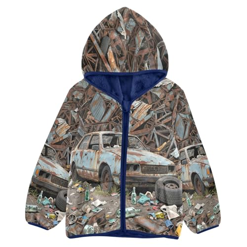 Abandoned Car Amidst Rusty Debris Toddler Fleece Jacket Girl Boys Hooded Fleece Jacket Coat Warm Outwear Zip-up 3-10T