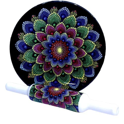 Chakla belan en marbre blanc et bois émaillé, cadeau idéal d'art de la table