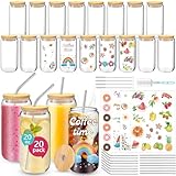BGraceyy 20 oz 20-Pack Glass Cups with Lids and Straws + DIY Stickers, Reusable Beer Can Drinking Glasses with Bamboo Lids and Metal Straws, Aesthetic Glass Coffee Cups with Lids for Iced ＆ Hot Drinks