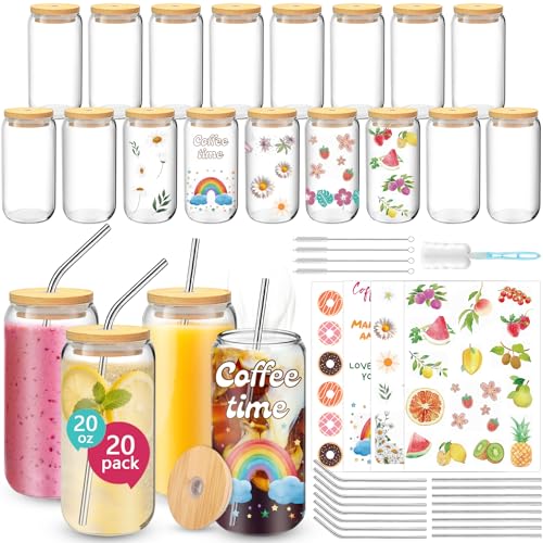 BGraceyy 20 oz 20-Pack Glass Cups with Lids and Straws + DIY Stickers, Reusable Beer Can Drinking Glasses with Bamboo Lids and Metal Straws, Aesthetic Glass Coffee Cups with Lids for Iced ＆ Hot Drinks