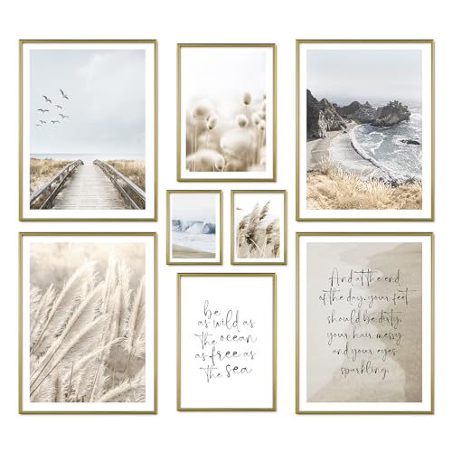 ARTFAVES® Poster Set - BEIGE SEA PAMPAS - mehrteilige Wanddeko Wohnzimmer & Schlafzimmer - 8 moderne Wandbilder Pampasgras, Strand, Meer, natur, maritim - ohne Bilderrahmen