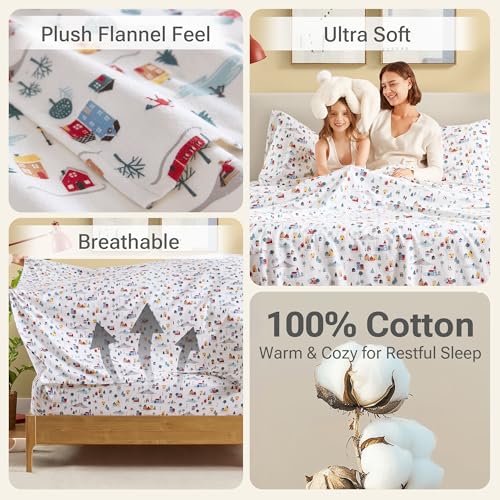 Sleep Philosophy True North 100% Cotton Flannel Sheets Queen Size, Cozy Flannel Sheet Set Brushed for Extra Softness, Heavyweight Novelty Print Warm Flannel Bedding Set, White Village Print 4 Piece