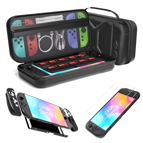 QUAGGY Switch 2 Case for Nintendo Switch 2 Console & Accessories, Switch 2 Carrying Case with 12 Game Card Slots, Portable Hard Shell Pouch Carrying Travel Game Bag(Black+Black bag)