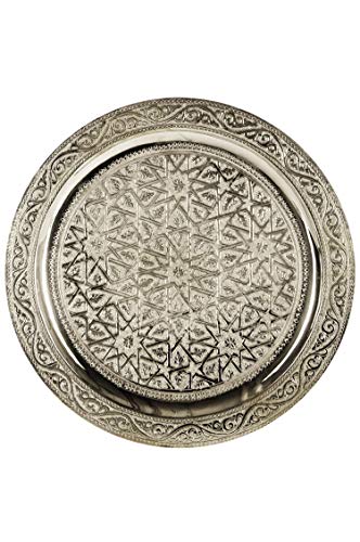 Plateau rond oriental en laiton Mehdia 30 cm - Décoration argentée - Plateau à thé marocain - Décoration orientale sur la table dressée