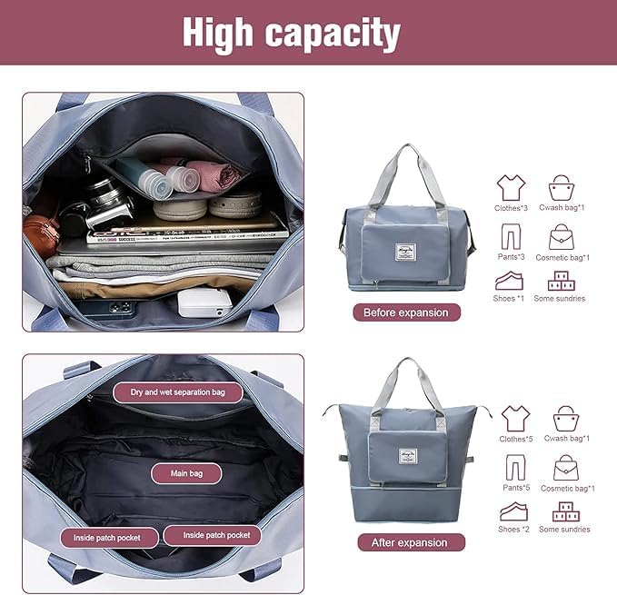 Large Capacity Folding Travel Bag, Travel Lightweight Waterproof Carry on Luggage Bags with Fixed Strap, Dry and Wet Separation Foldable Travel Duffel Bag for Weekender Overnight Sports Gym Bag - Image 4