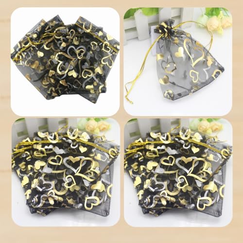 Image of QIANHAILIZZ 100 pcs 3.5 x 4.7 Inch Flower Heart Organza Jewelry Gift Pouch Candy Pouch Drawstring Wedding Favor Bags X92 (black gold heart)