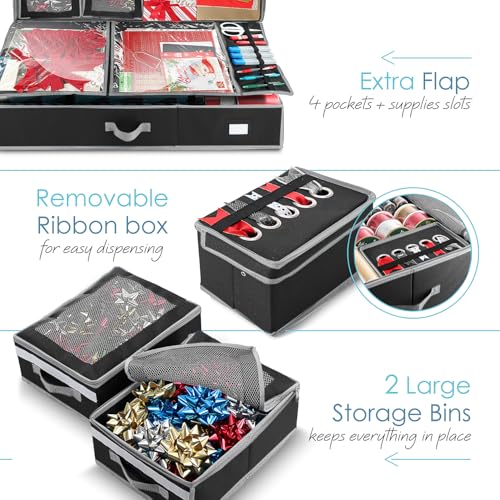 Image of Hearth & Harbor Holiday Storage with Extra 2 PC of Christmas Storage Bins and Ribbon Storage Organizer - Fade Resistant Wrapping Paper Storage Containers with Wheels Fits Up to 30 Rolls of 40 inch Length