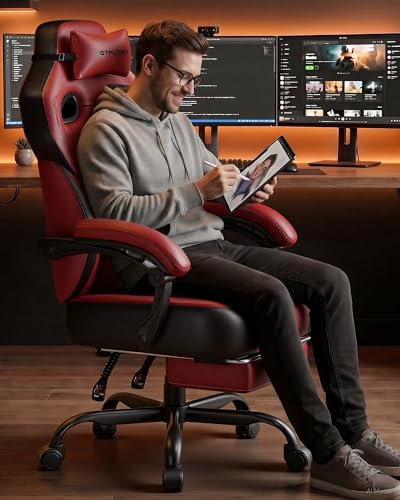 Image of GTPLAYER Big & Tall Gaming Chair, 90-155 Adjustable Reclining Office Seat with Footrest, Ergonomic Comfy Computer Desk Chair for Adults, Home Office Gaming Study Use, Wine Red (Leather)