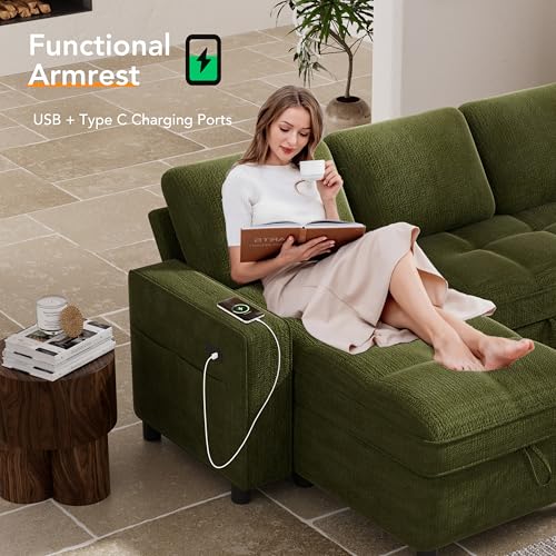Image of Vipbear 81 inch Sectional Sleeper Sofa Bed with Pull Out Bed, L Shaped Couch Sleeper Sofa, Pull Out Couch with Reclining Backrest, Reversible Storage Chaise, USB Ports, Tool-Free Assembly, Green, Chenille