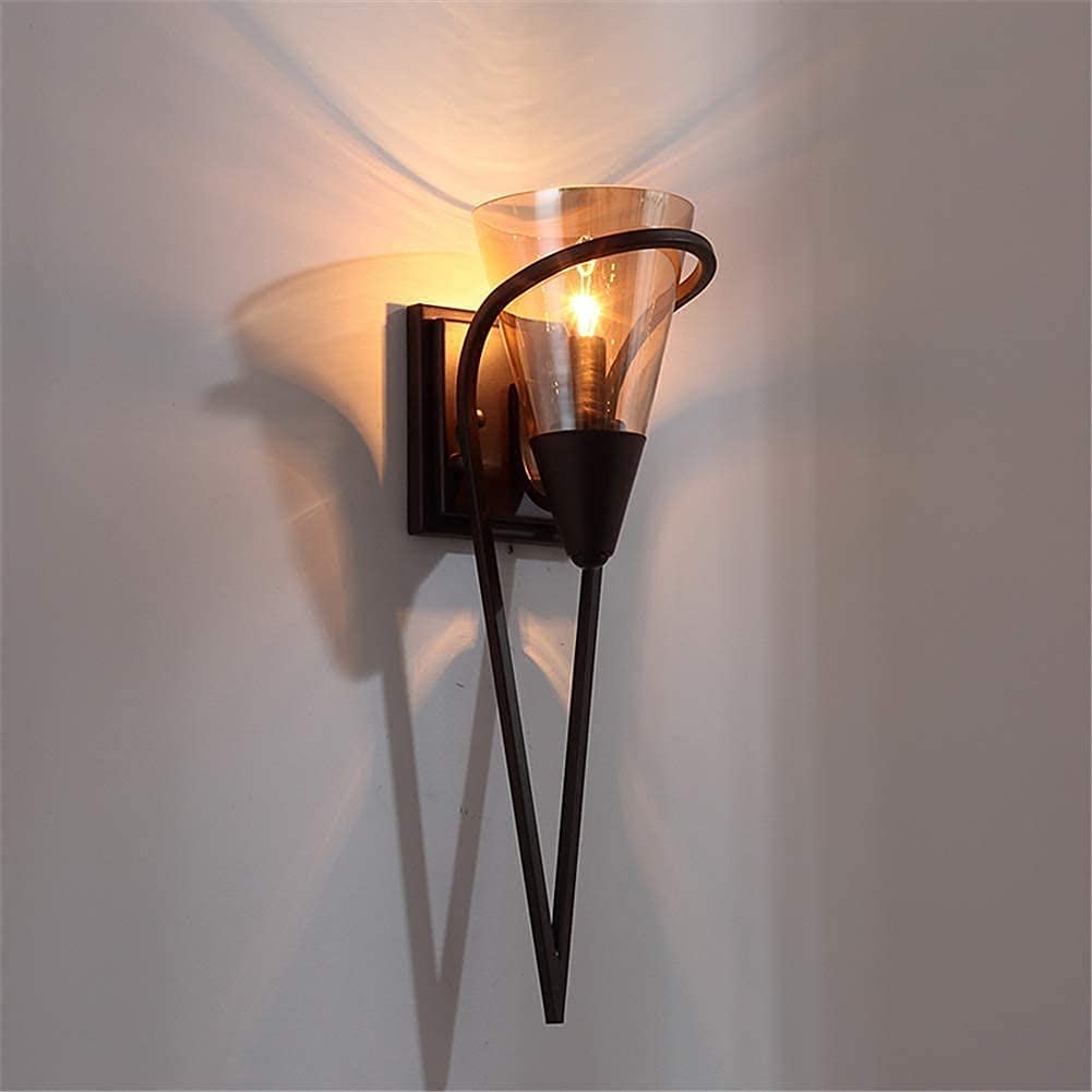 Linterna E14 aplique de pared rústico americano negro con pantalla cono de vidrio antiguo
