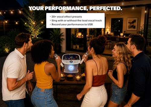Image of Singing Machine Platinum Plus All-in-One Karaoke System with 2 Wireless Mics, Bluetooth /WiFi, Portable Premium Sound Speaker, App Compatible (YouTube, Spotify) for Home & Parties - White