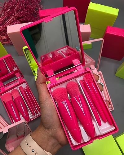 Bajajbeautyshop Travel Makeup Brush Set, 5pcs Mini Complete Function Cosmetic Brushes Kit with Mirror (NEON PINK)
