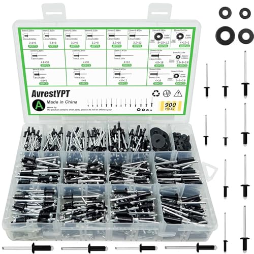 900 Pcs Black Pop Rivets Assortment Kit with Washers, SAE Aluminum Blind Rivets, 14 Sizes Metal Pop Rivet Assortment for Metal Furniture, Automotive(3/32