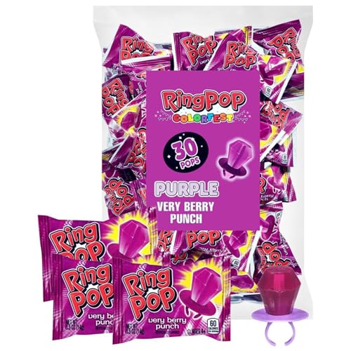 Ring Pop Purple Valentine's Candy Lollipops, 30Ct Bulk Individually Wrapped in Very Berry Punch...