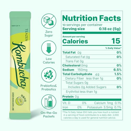 Image of TEAZEN Green Mandarin Lime Kombucha Powder, Hydration Drink Mix, Sugar Free, Live Probiotics & Prebiotics, On-the-Go 10 Packets, 1.76oz