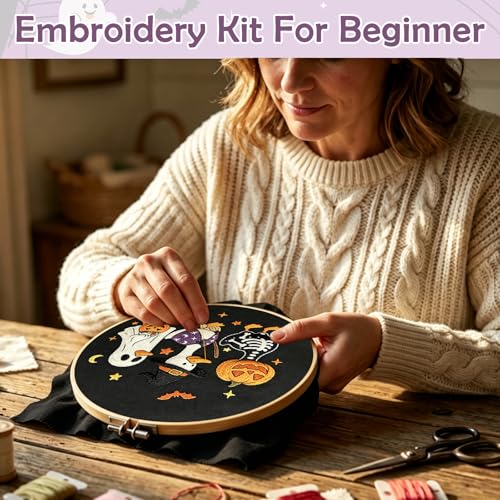 Image of Nuberlic Halloween Embroidery Kit for Beginners Adults DIY Needlepoint | Complete Halloween Embroidery Kit With Cute Ghost, Pumpkin And Duck Design For Handmade Decor, Relaxing Needlework And Gifts.