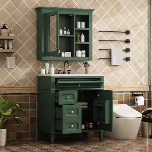 Image of Merax 30 Inch Bathroom Vanity with Sink Set, Modern Bathroom Vanity Storage Cabinet with Matching Mirror Medicine Cabinet, Solid Wood Frame,Painted Finish, 2 Drawers and 1 Tip-Out Drawer, Green