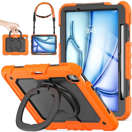 SEYMAC stock iPad Air(M3/M2) 11インチ（2025/2024）リングハンドル耐衝撃ケース 保護フィルム付き前面カバー ペン収納 360°回転リングハンドルスタンド ショルダーストラップ iPad Air 11 第7/6世代専用型（オレンジ）